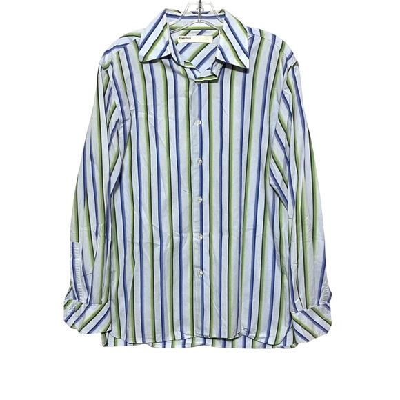 Perry Ellis Mens Size M Button Down Casual Shirt Long Sleeves Blue Green Striped - Picture 1 of 7